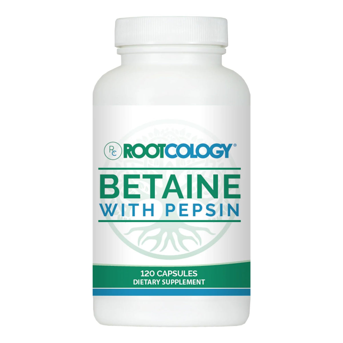 Rootcology Betaine with Pepsin bottle and label – 120 capsules