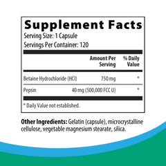 Close-up of Betaine with Pepsin ingredients label