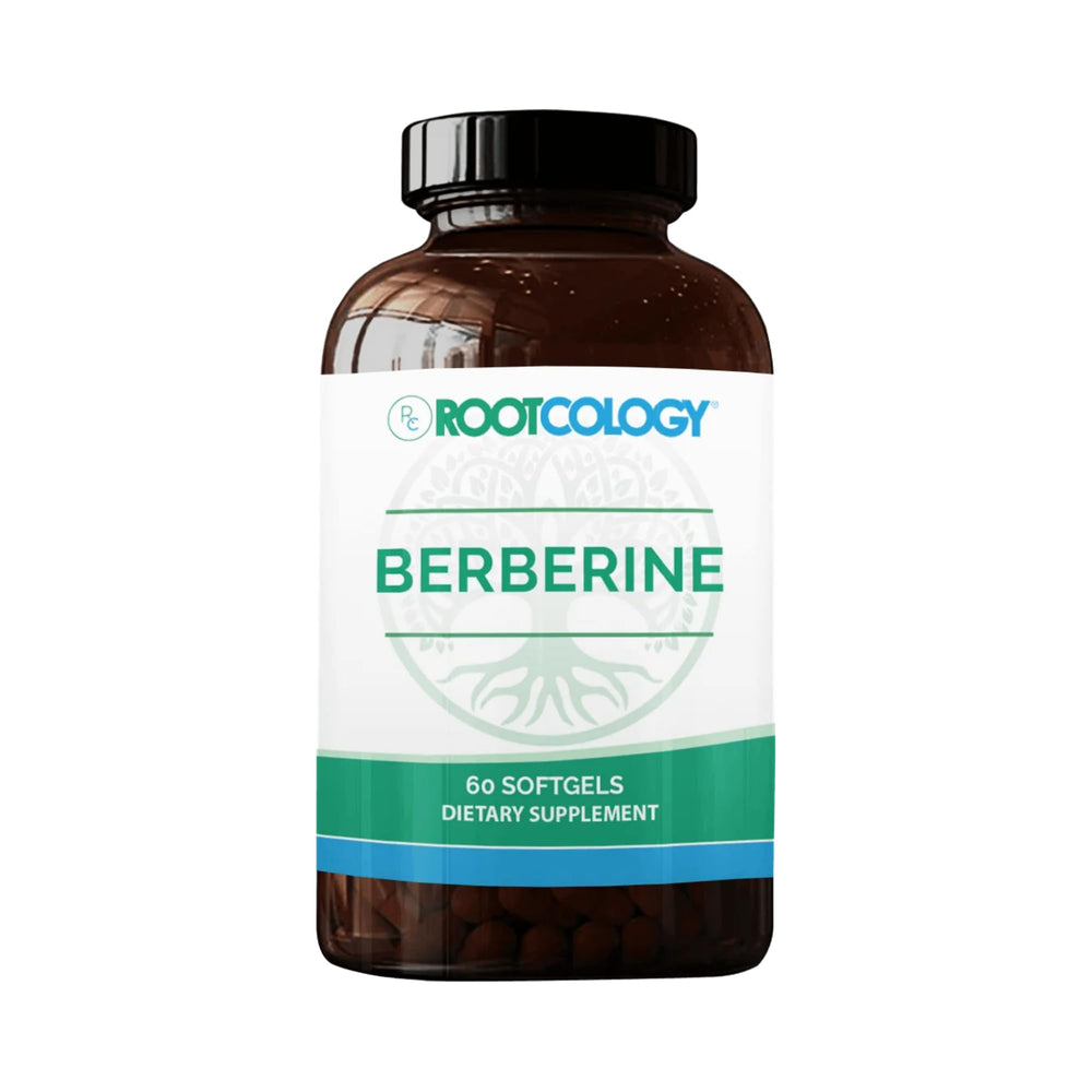 Front view of Rootcology Berberine 60 softgels bottle with label
