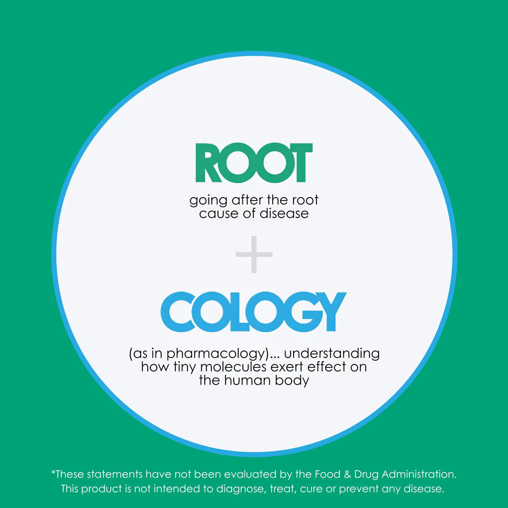 Rootcology bottle with lab equipment indicating third-party testing and purity