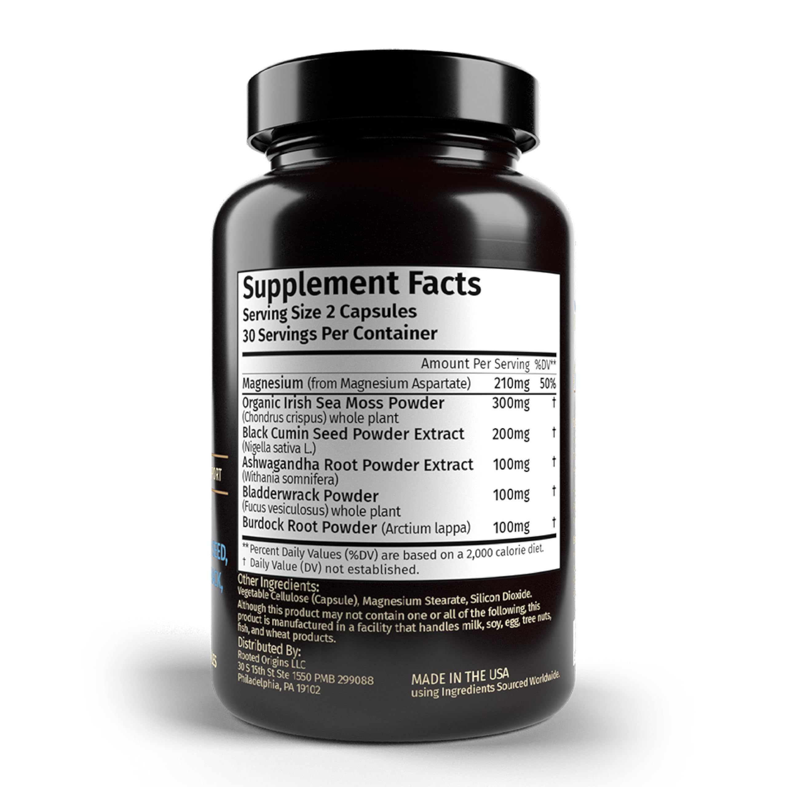 Front view of the Rooted Origins Sea Moss Capsules bottle