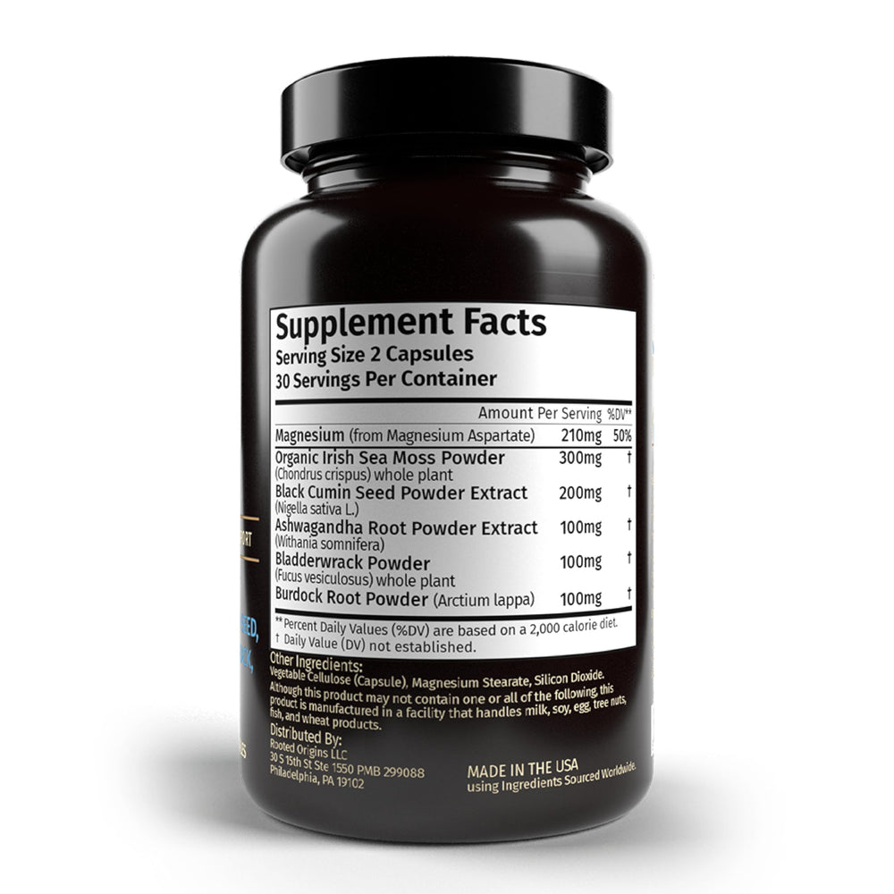 Front view of the Rooted Origins Sea Moss Capsules bottle