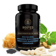 Product main image showing Rooted Origins Sea Moss Capsules with Irish Sea Moss blend