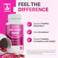 Beet root capsules illustrating benefits for circulation and vitality