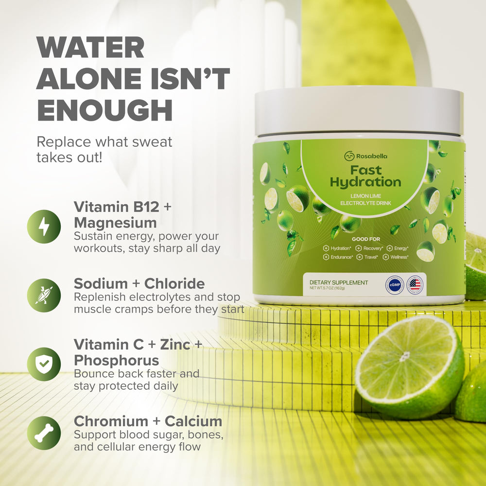 Scoop of Rosabella Lemon Lime electrolyte powder in glass