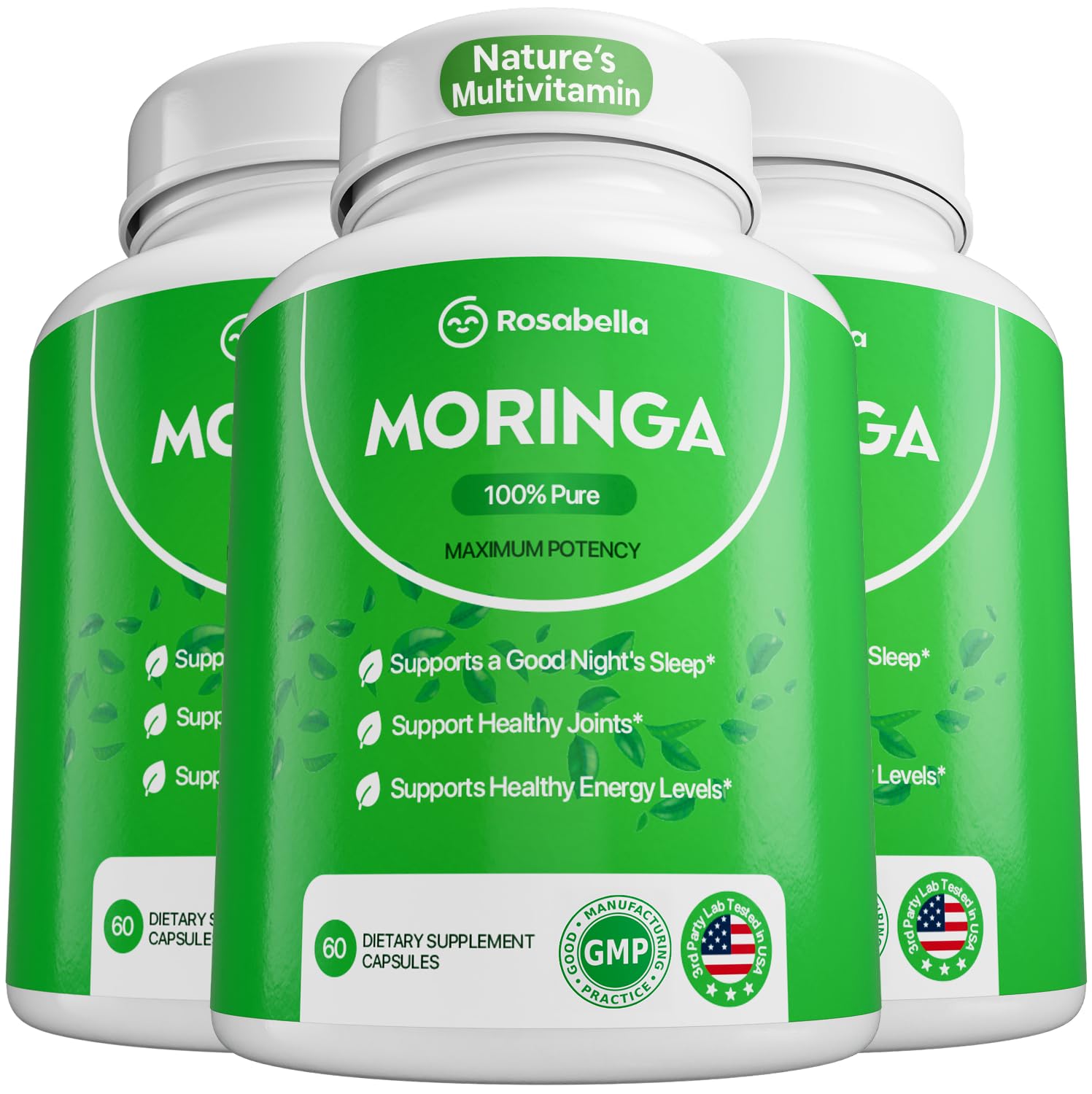 Rosabella Moringa capsules front view for daily energy support