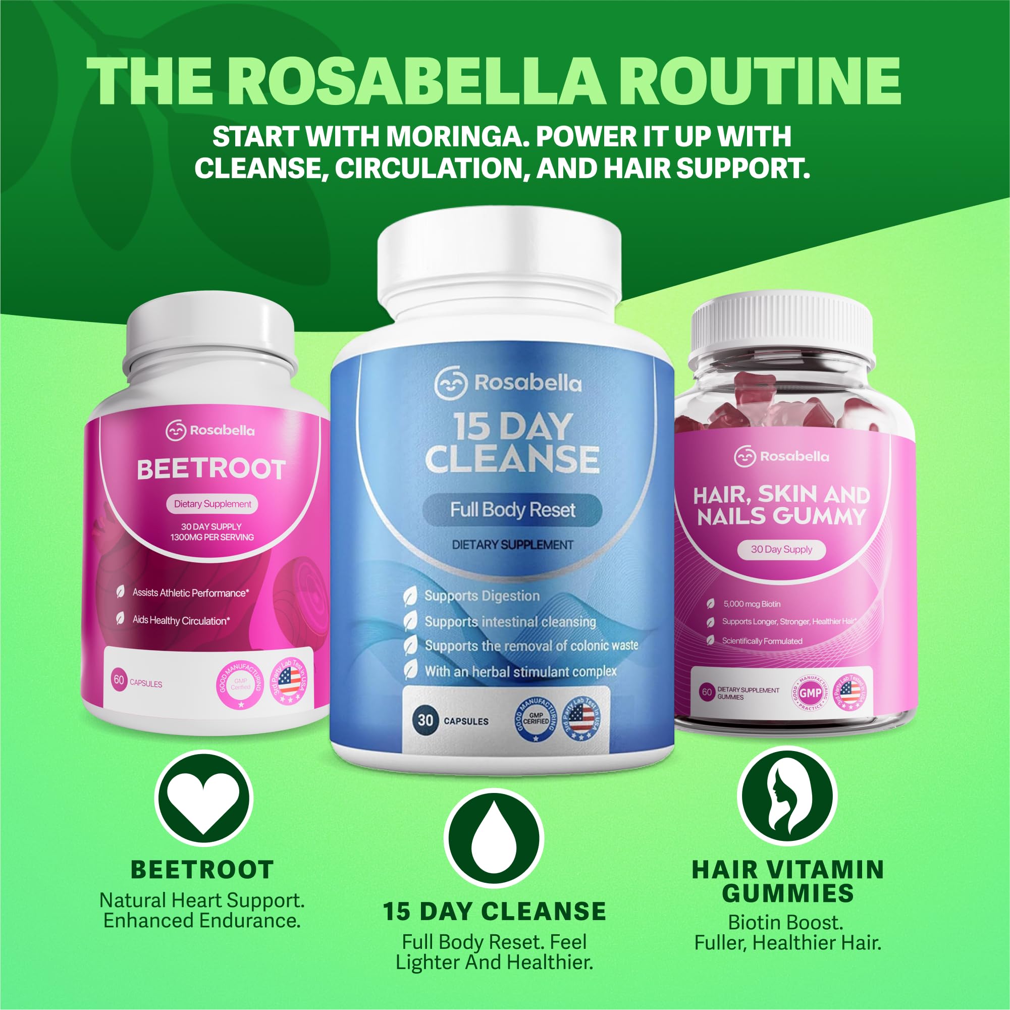 Rosabella Moringa Capsules with glass of water illustrating easy intake.