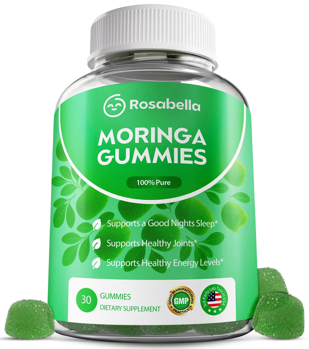Front view of Rosabella Moringa Gummies bottle, 30 count