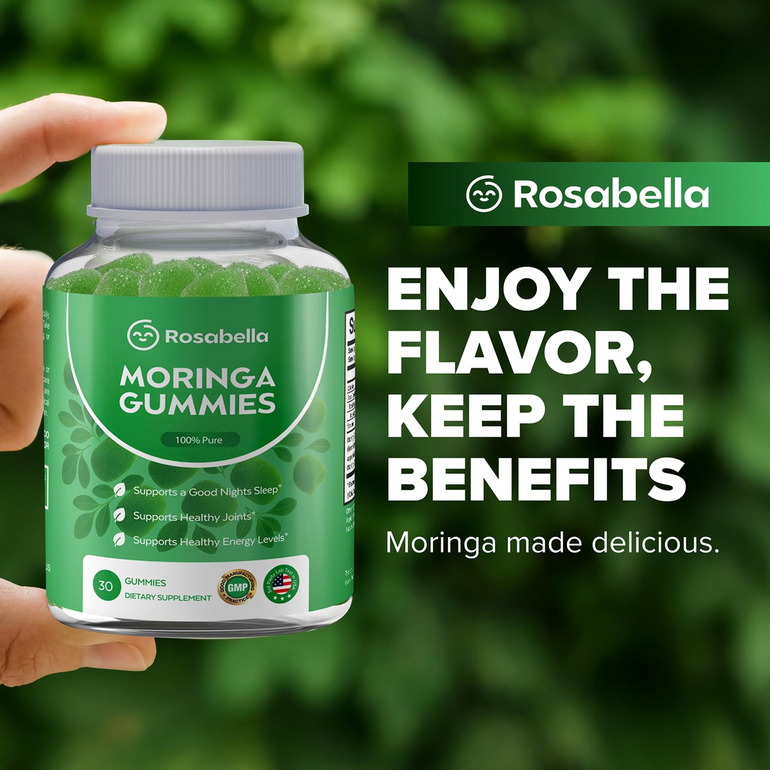 Nutritional facts panel for Rosabella Moringa Gummies