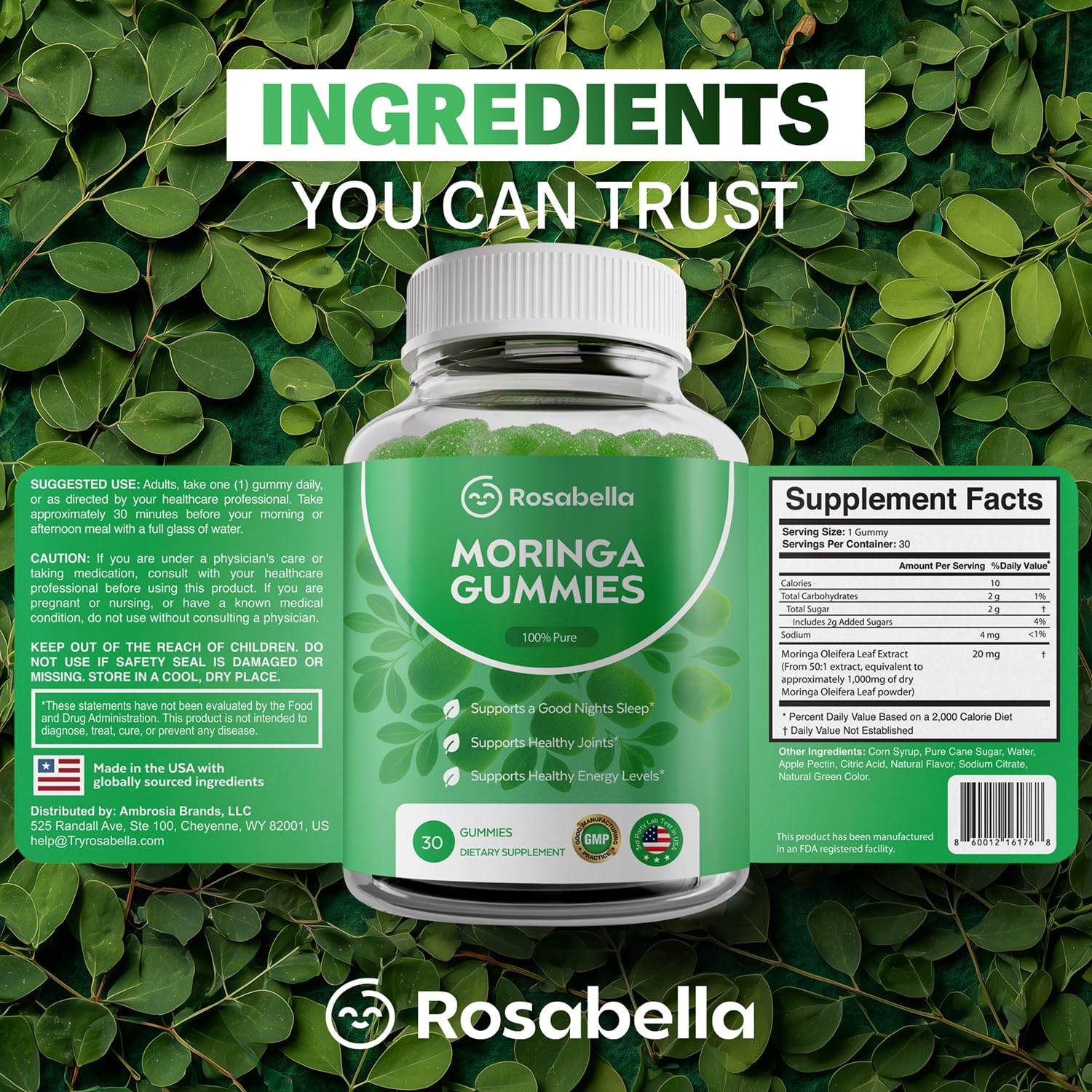 Rosabella Moringa Gummies packaging and product shot