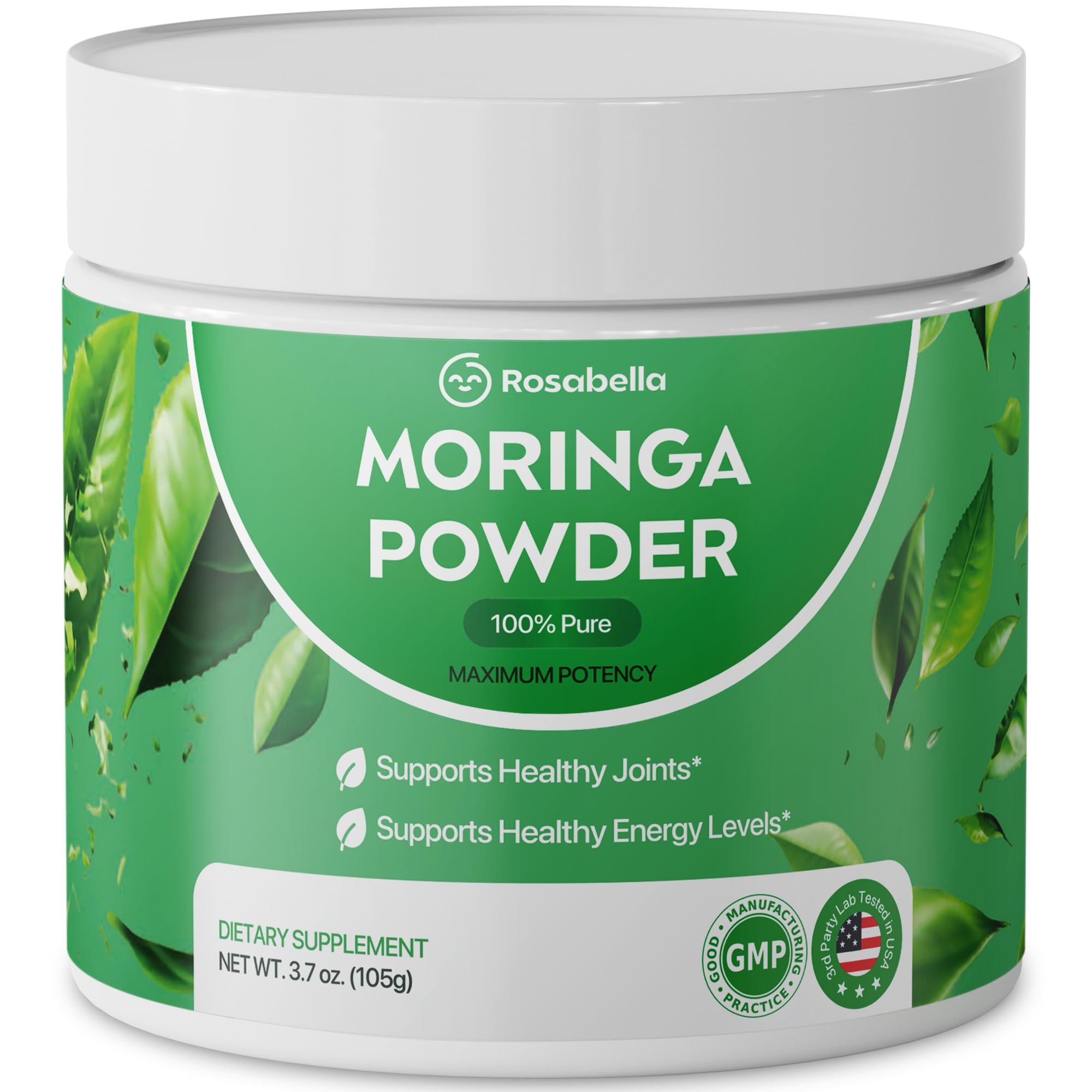Rosabella Moringa powder in a glass jar labeled 105 g