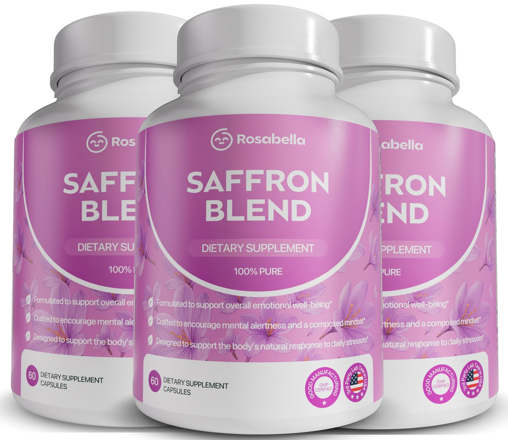 Rosabella saffron blend supplement hero image with bottle and capsules