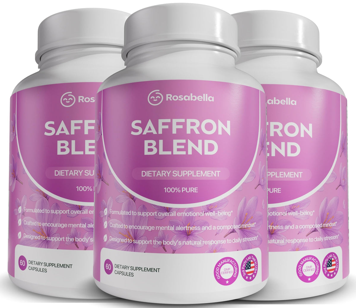 Rosabella saffron blend supplement hero image with bottle and capsules