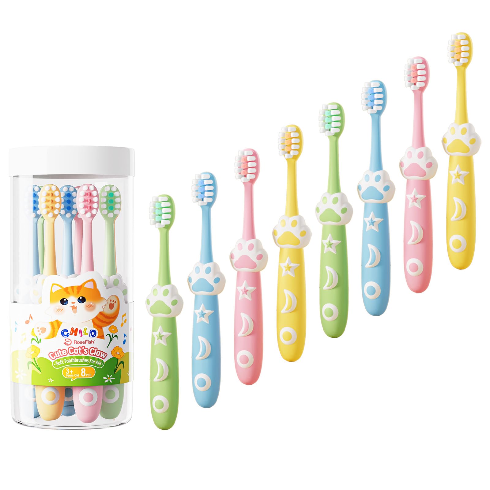 RoseFish 8 pack kids toothbrush with cat paw design in pink