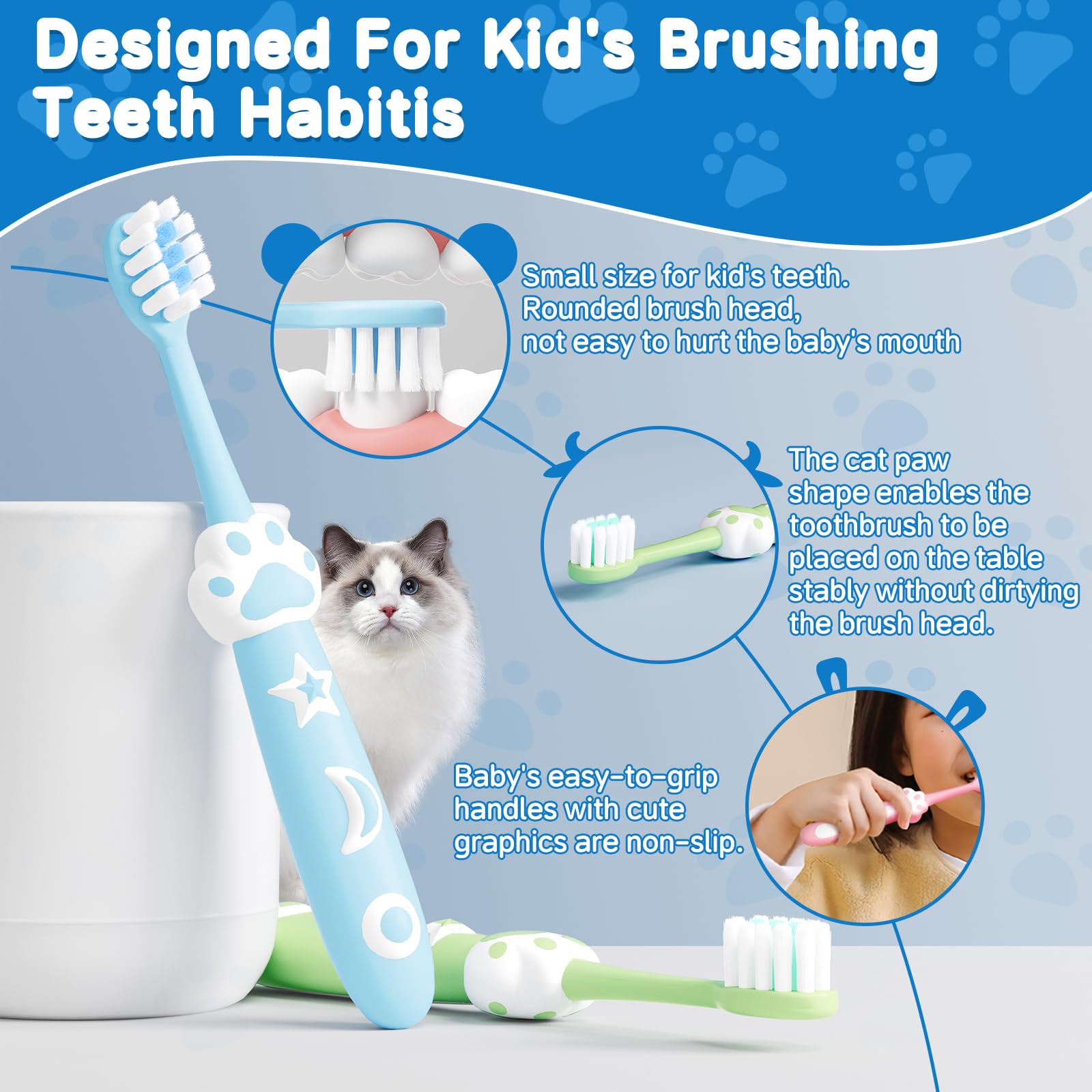 RoseFish 8 pack kids toothbrush with cat paw design in purple