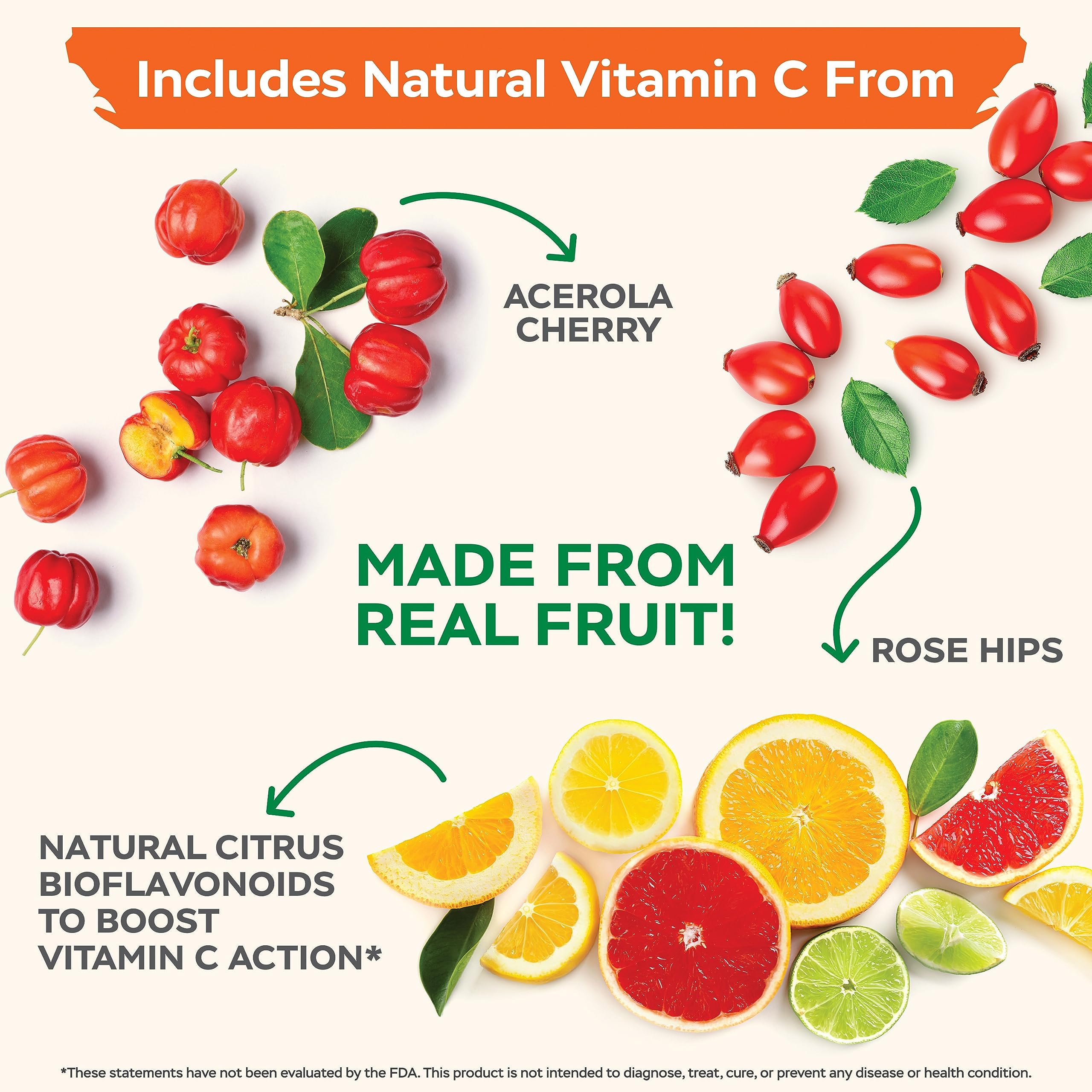 Rosehip and Acerola Cherry bioflavonoids blend in Vitamin C formula