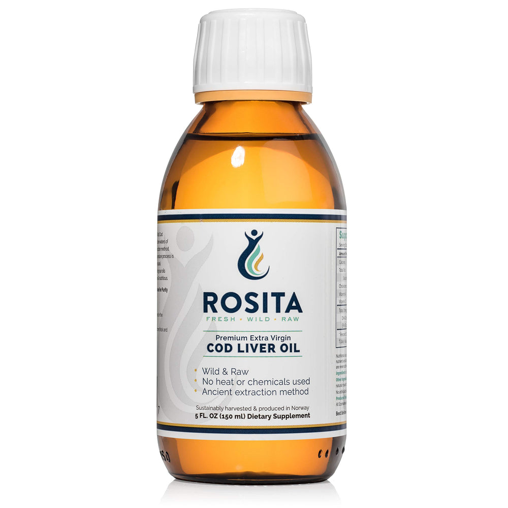 Bottle of Rosita Extra Virgin Cod Liver Oil Liquid on a white background