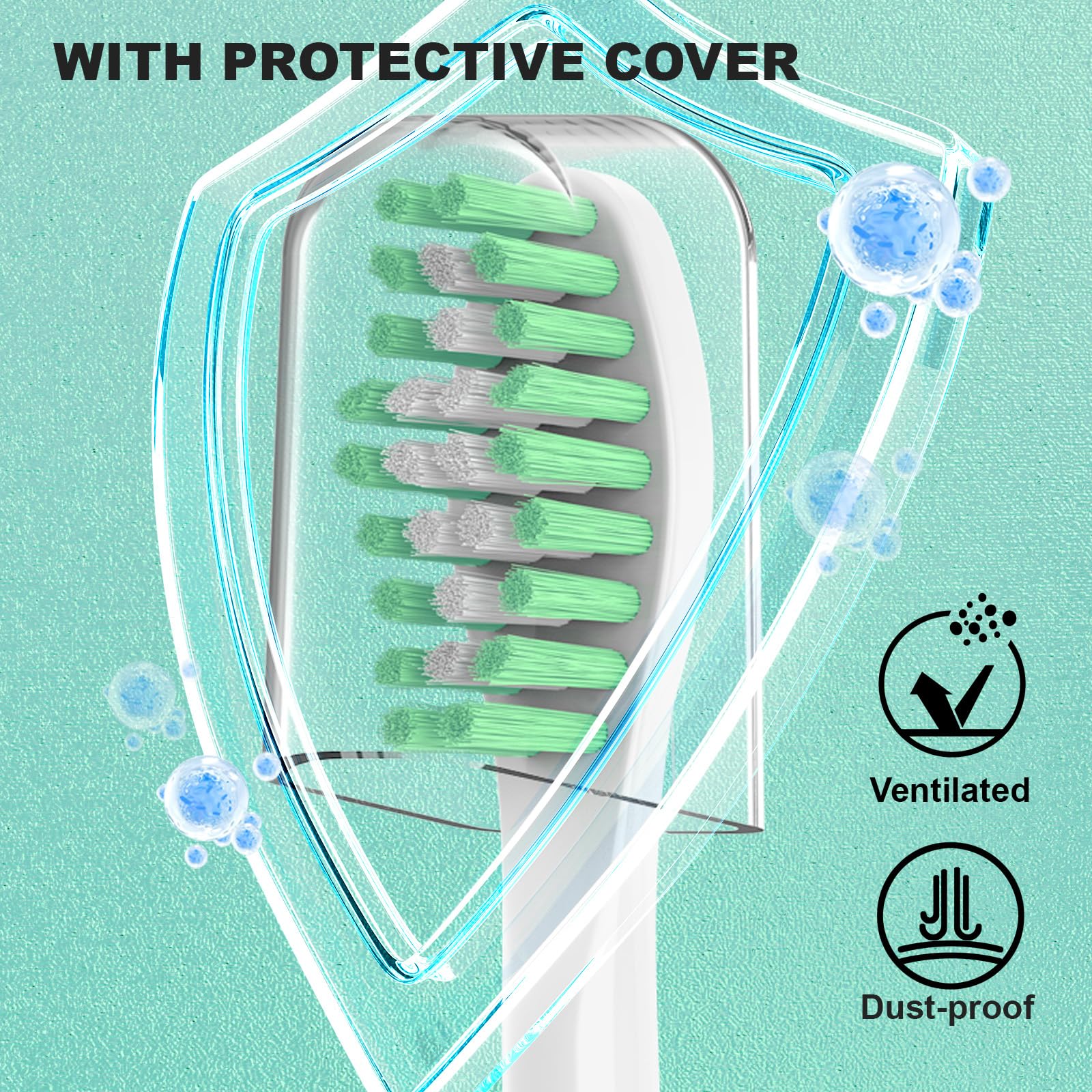 Top bristles rounded to protect teeth during brushing
