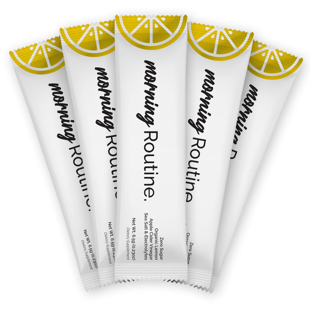 ROUTINE pack front view showing lemon ACV electrolyte sticks and clear benefits