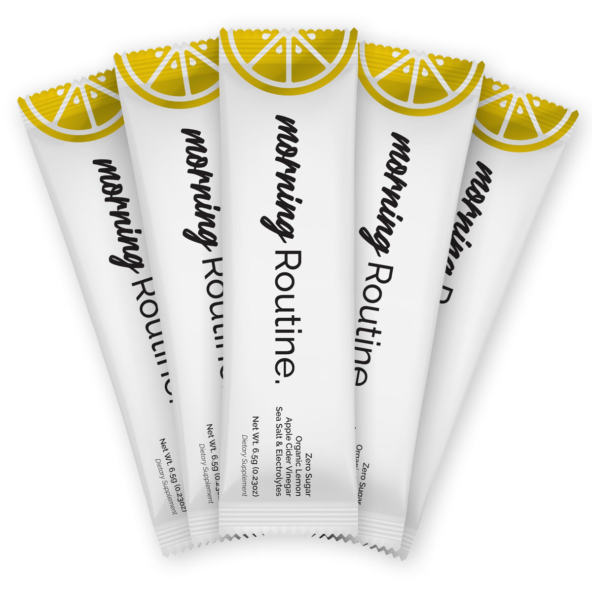 ROUTINE pack front view showing lemon ACV electrolyte sticks and clear benefits