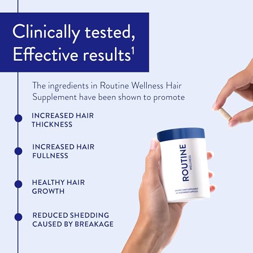 Product label highlighting key benefits of Routine Wellness Hair Growth Supplement