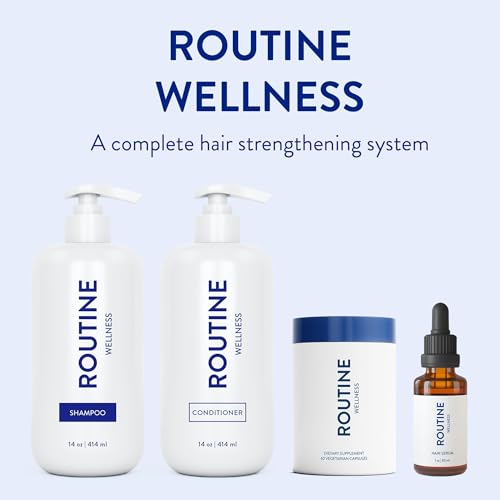 Graphic showing Routine Wellness hair care system (shampoo, conditioner, serum)