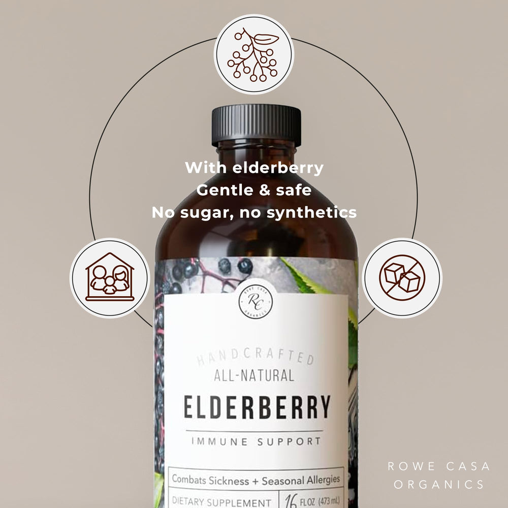 Close-up of Rowe Casa Elderberry Syrup bottle and label