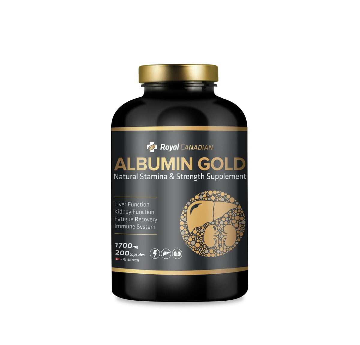 Front view of Royal Canadian Albumin Gold 1700mg bottle