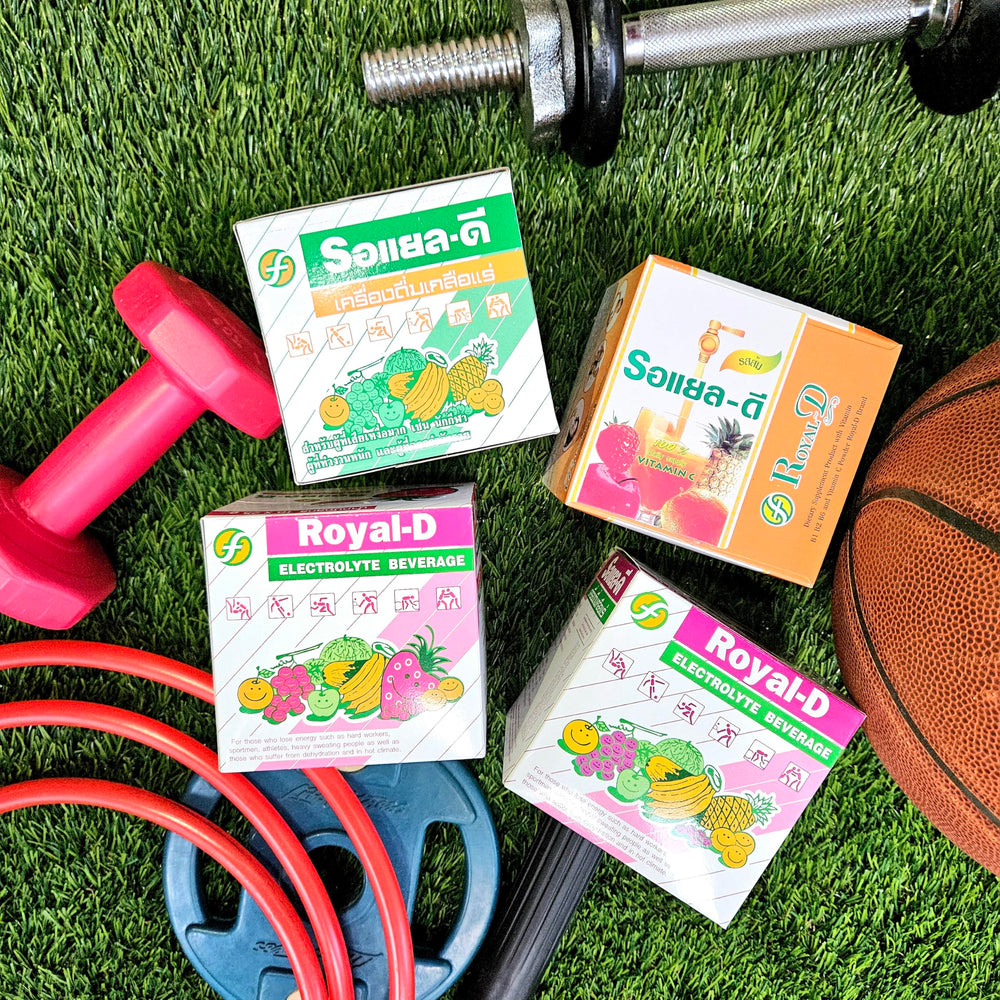 Brand packaging design for Royal-D Electrolyte Powder grape flavor