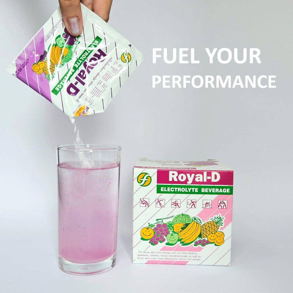 Back view: packaging with nutrition facts for Royal-D Electrolyte Powder grape flavor