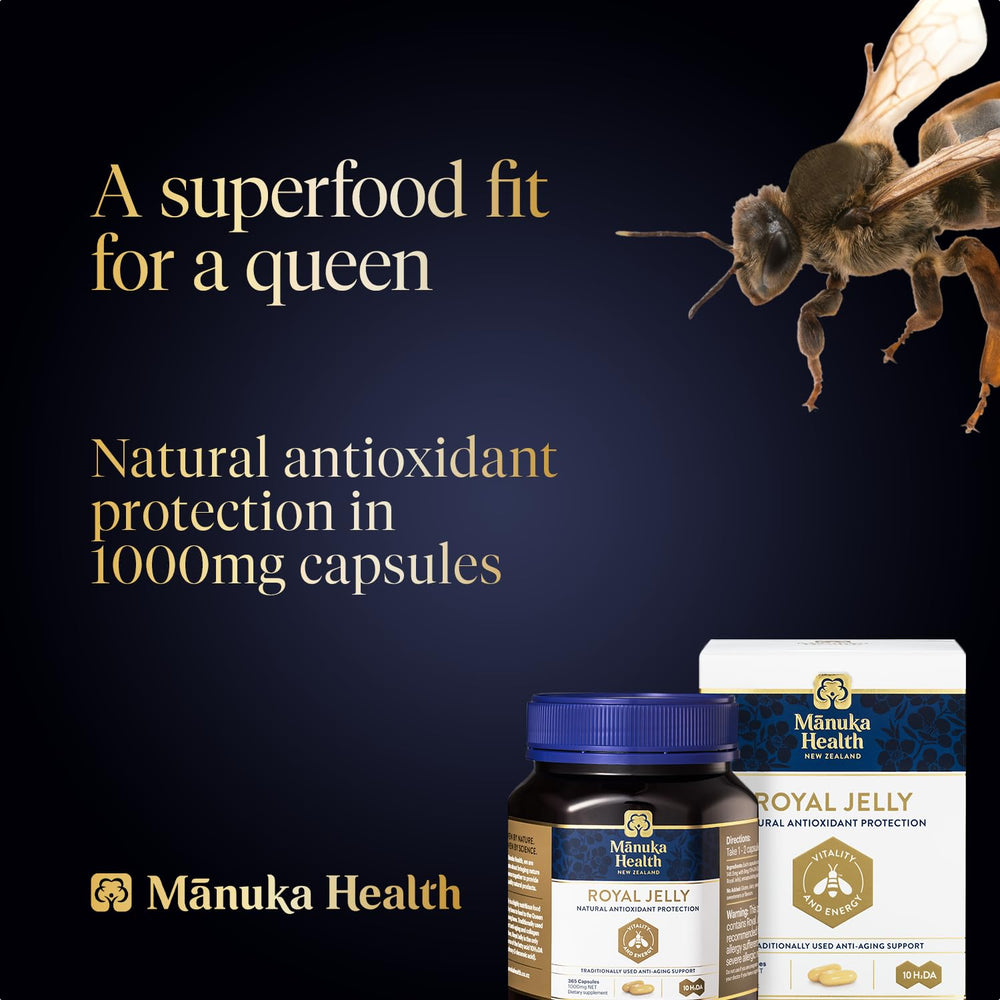 Close-up of royal jelly capsules displaying 1000mg dosage and 10H2DA potency