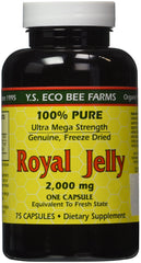 Bottle of 100% pure freeze-dried royal jelly from YS Eco Bee Farms, 2000 mg per serving, 75 capsules