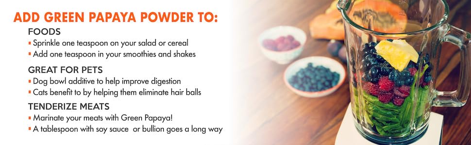 Nutrition and ingredients panel of Royal Tropics Green Papaya Powder