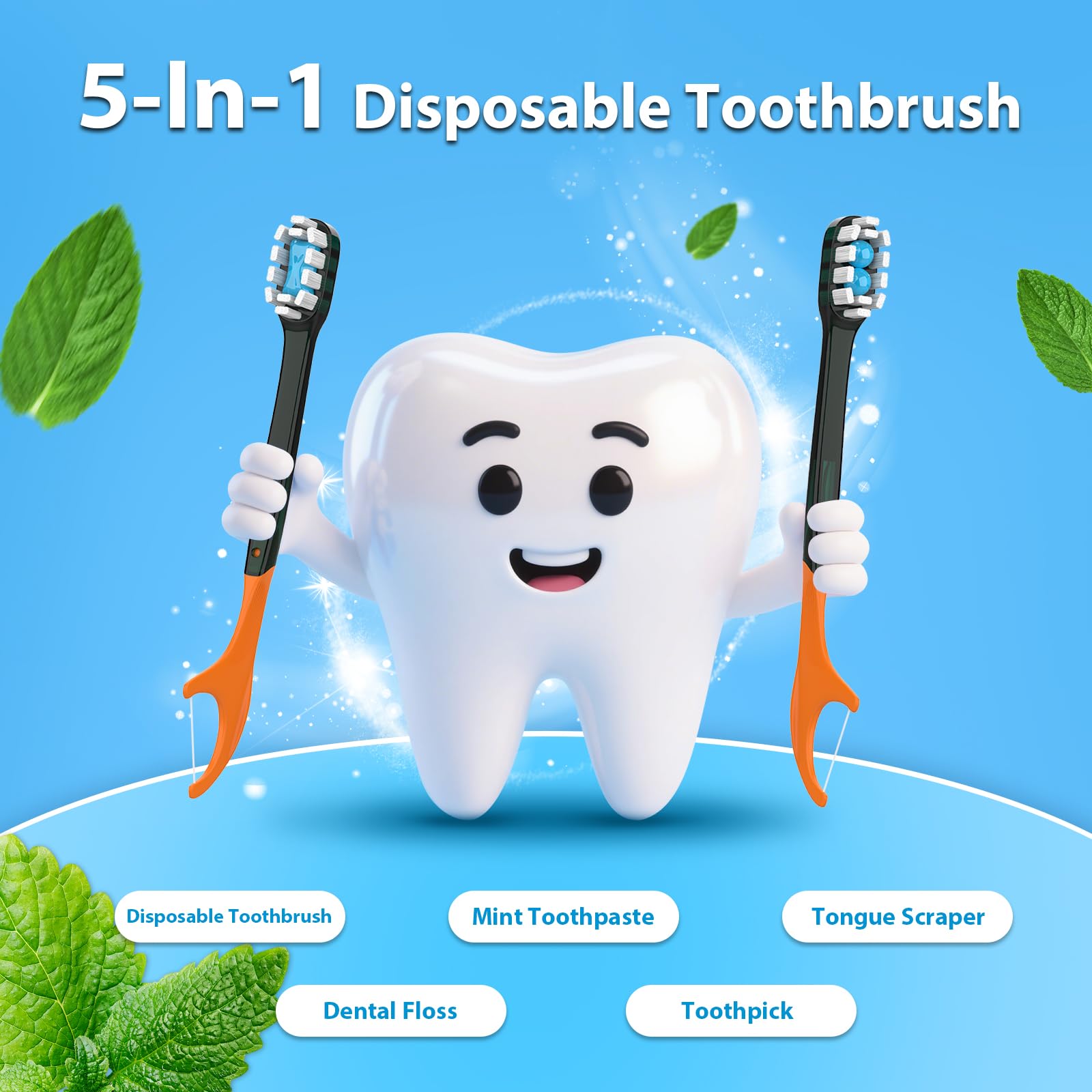 Individually wrapped 5-in-1 disposable toothbrush with toothpaste
