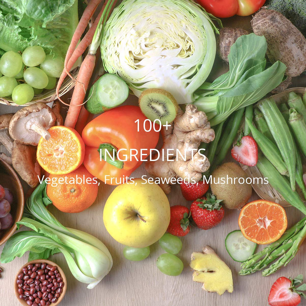 R's KOSO ingredients label reveals 100+ nutrients from fruits and vegetables.
