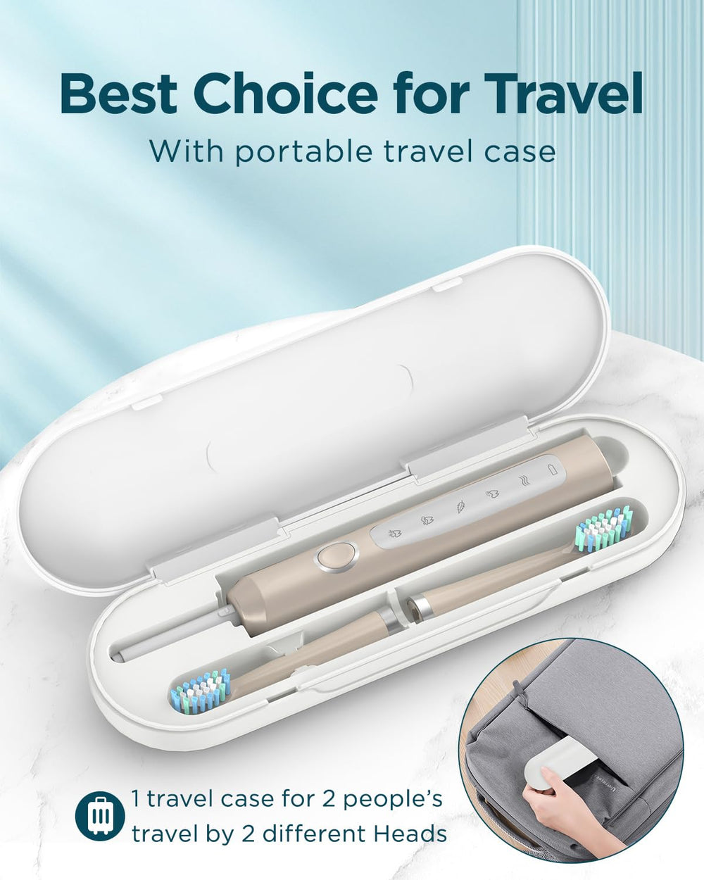 Box contents: toothbrush, 8 brush heads, travel case, and charger
