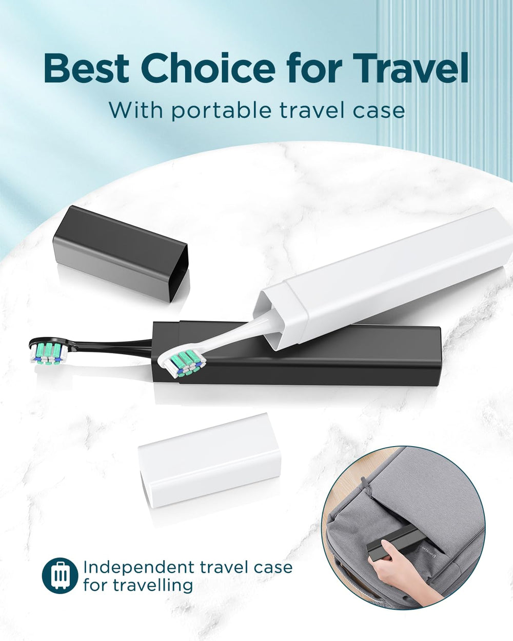 Open travel case showing storage for toothbrush and heads