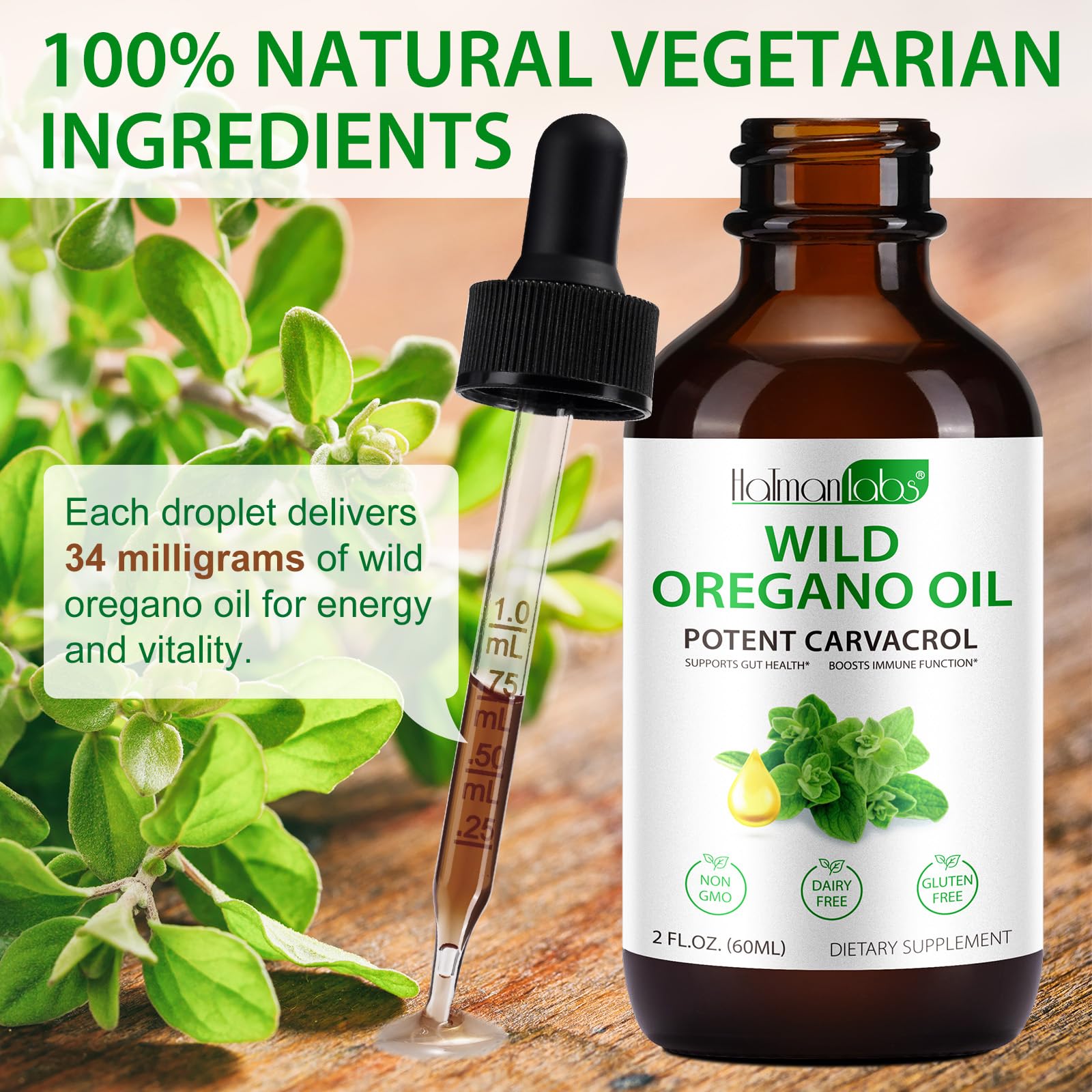 Natural oregano oil drops and packaging