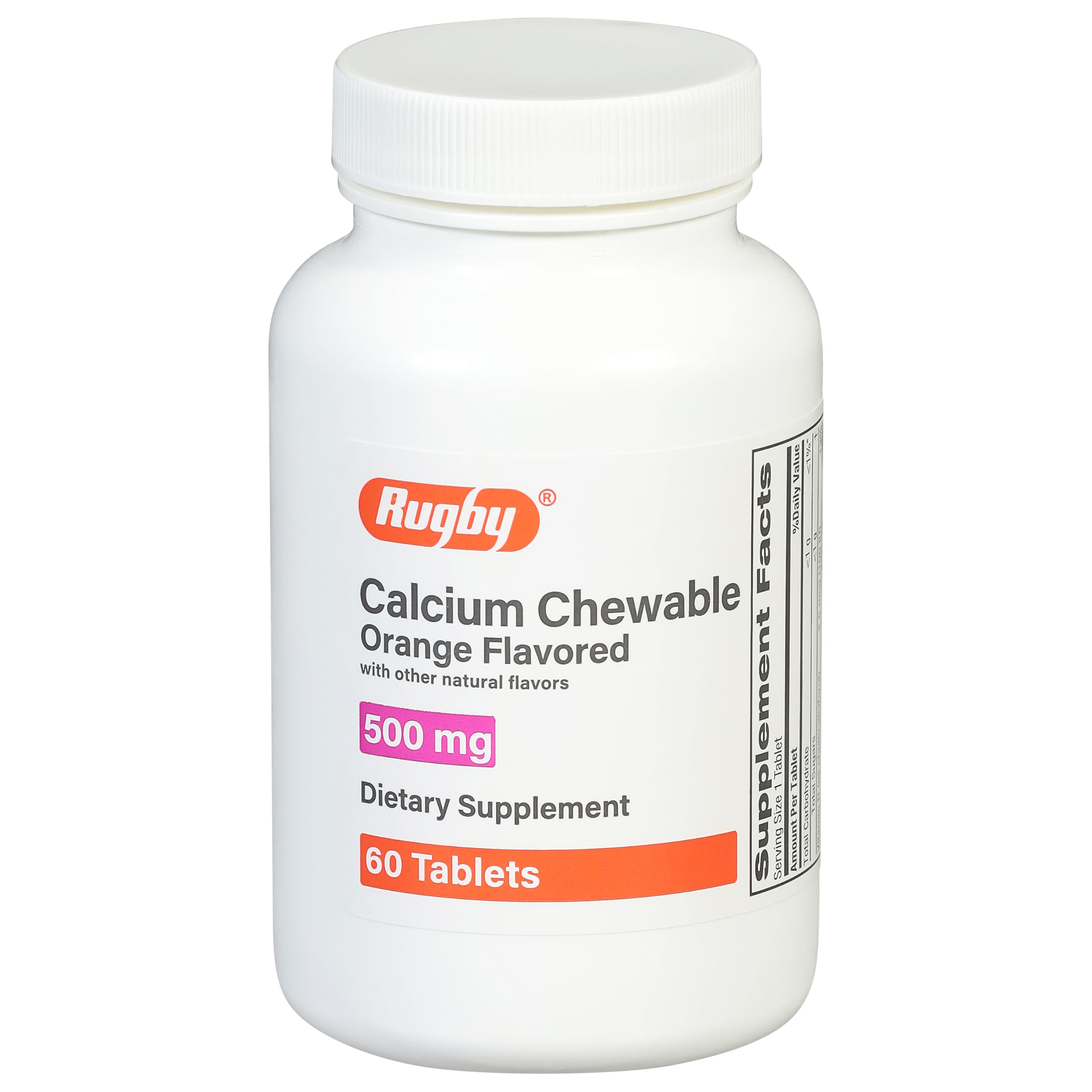 Front view of Rugby 500mg calcium chewable tablets orange flavor bottle