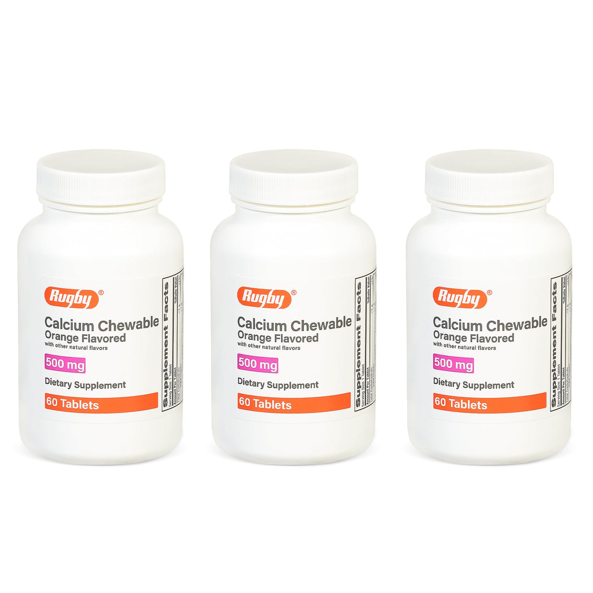 Rugby Calcium Chewable Tablets orange flavor bottle (60 count) in a 3-pack