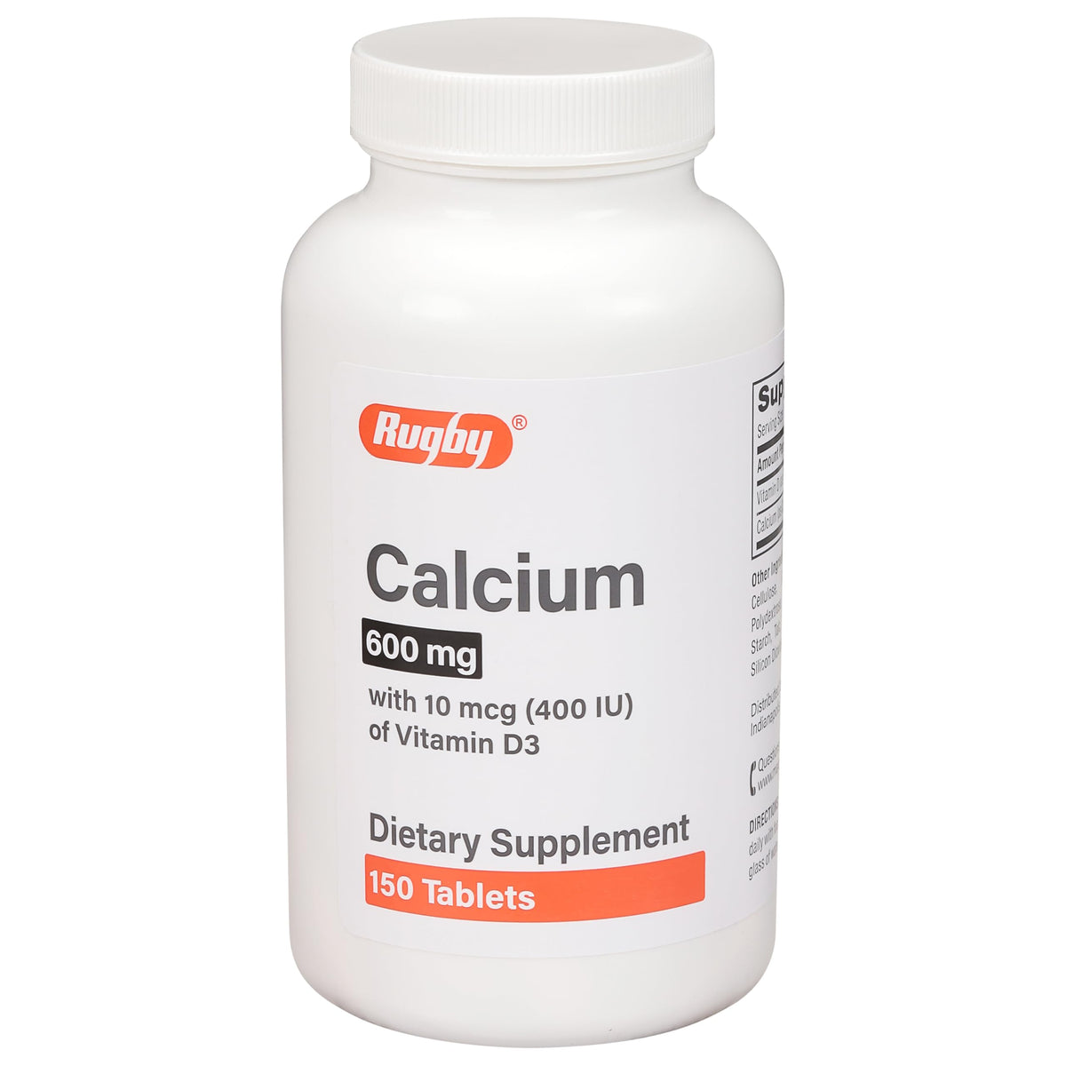 Rugby 600 mg Calcium Tablets bottle label with vitamin D3 information