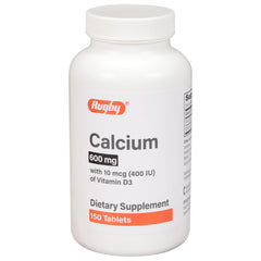 Rugby 600 mg Calcium Tablets bottle label with vitamin D3 information