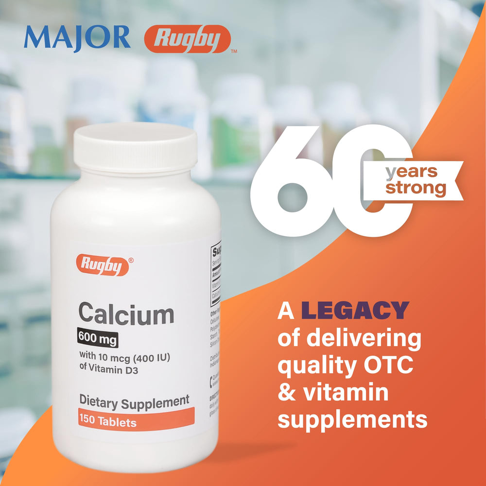 Close-up of Rugby Calcium Tablets showing 600 mg calcium per tablet