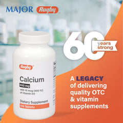 Close-up of Rugby Calcium Tablets showing 600 mg calcium per tablet