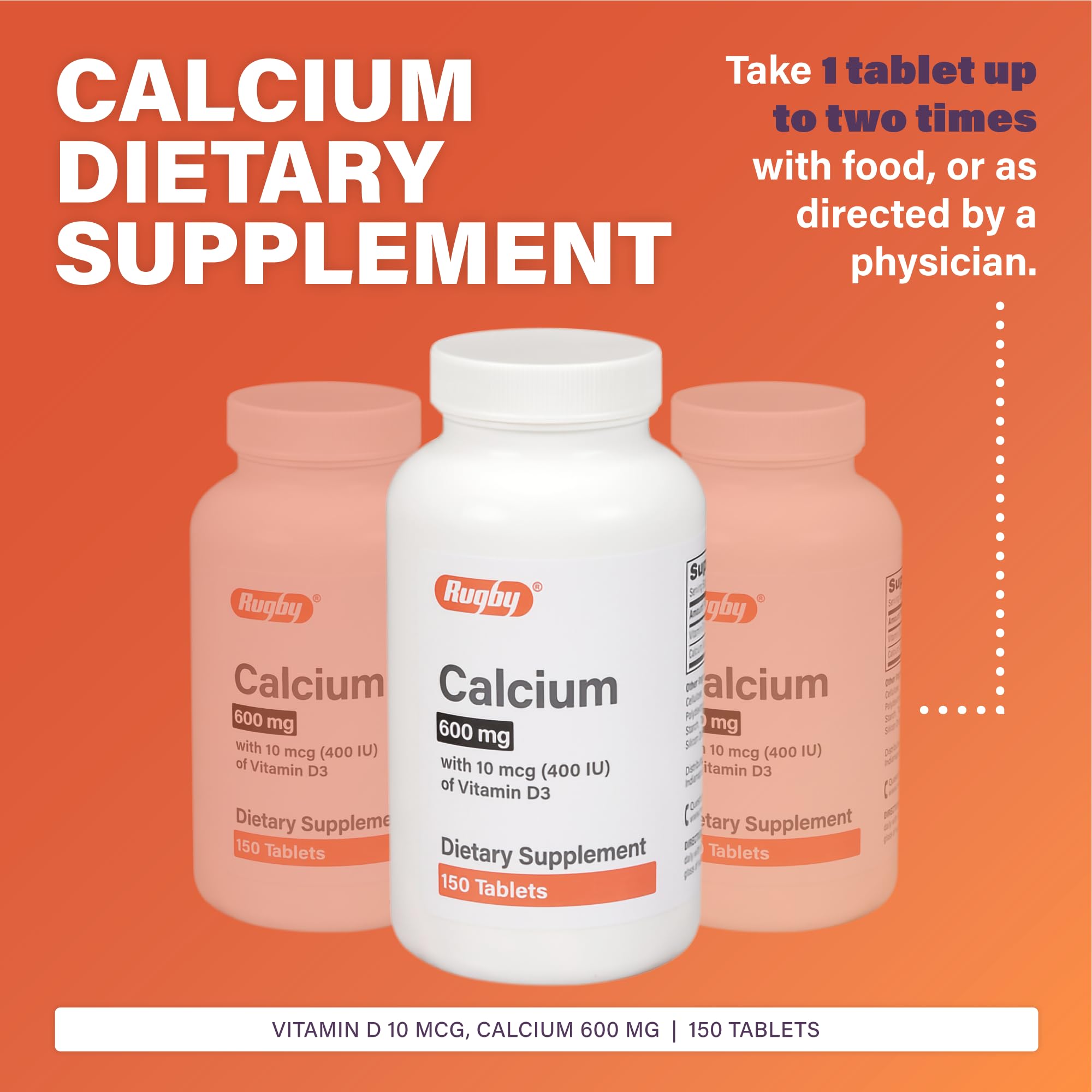 Front view of Rugby Calcium Tablets bottle with Vitamin D3 details