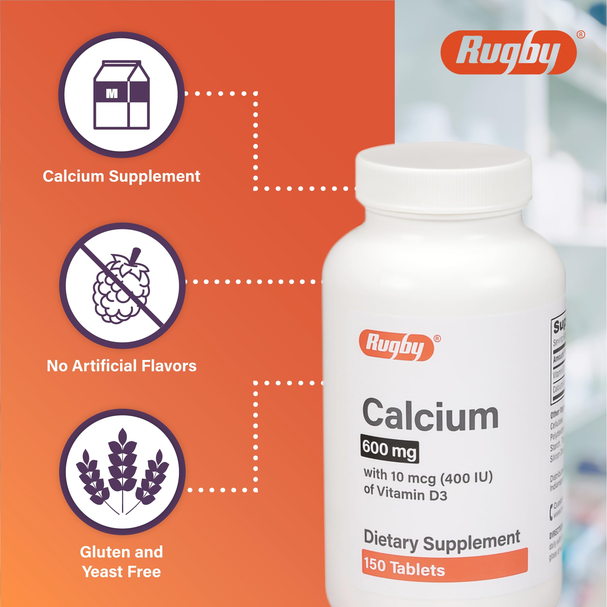 Ingredient panel highlighting 600 mg calcium and 10 mcg (400 IU) vitamin D3