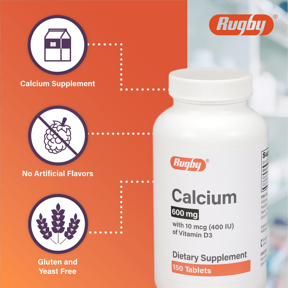 Ingredient panel highlighting 600 mg calcium and 10 mcg (400 IU) vitamin D3