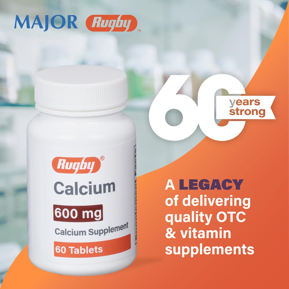 Close-up of Rugby 600 mg Calcium Tablets on white background
