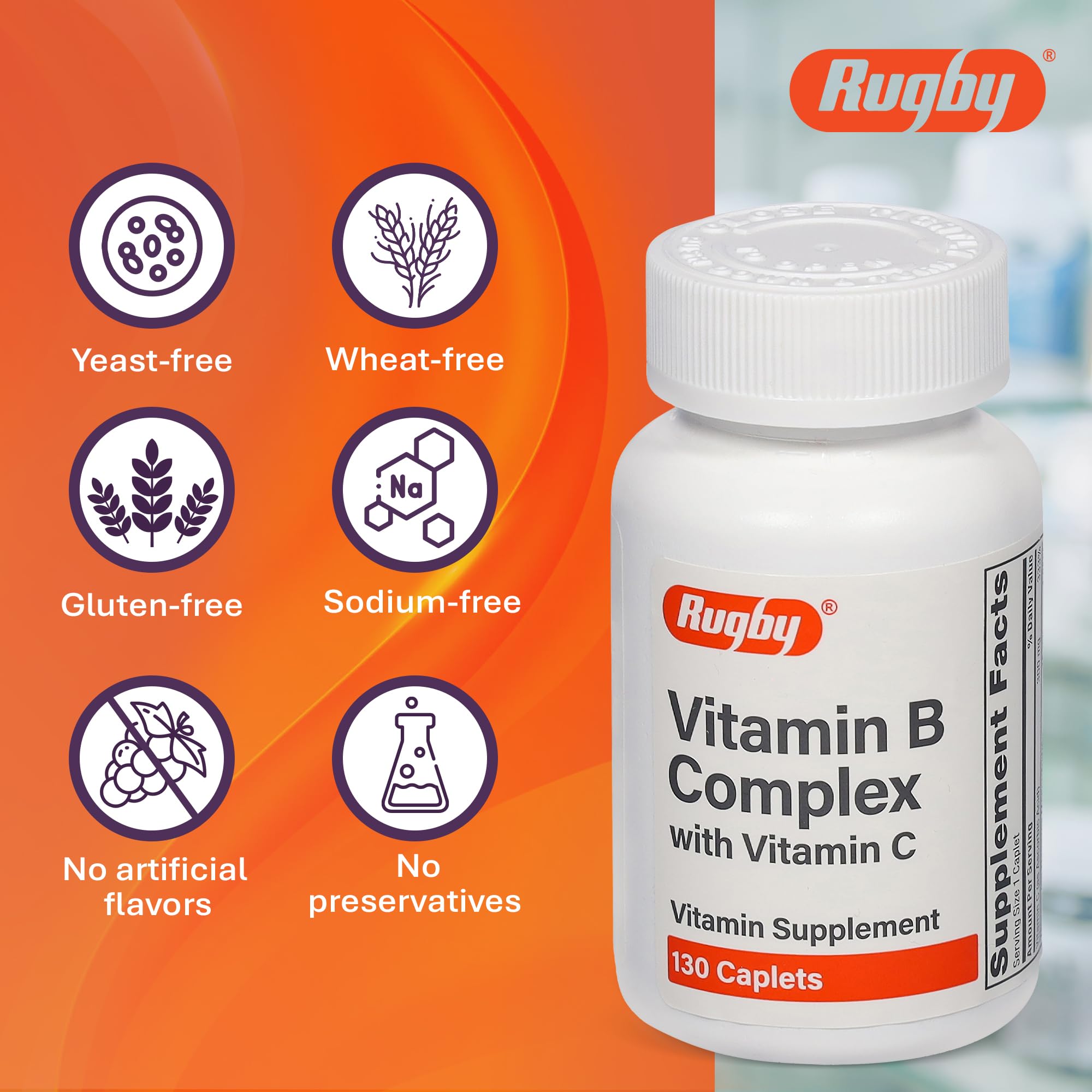 Close-up of caplets from Rugby Vitamin B Complex bottle