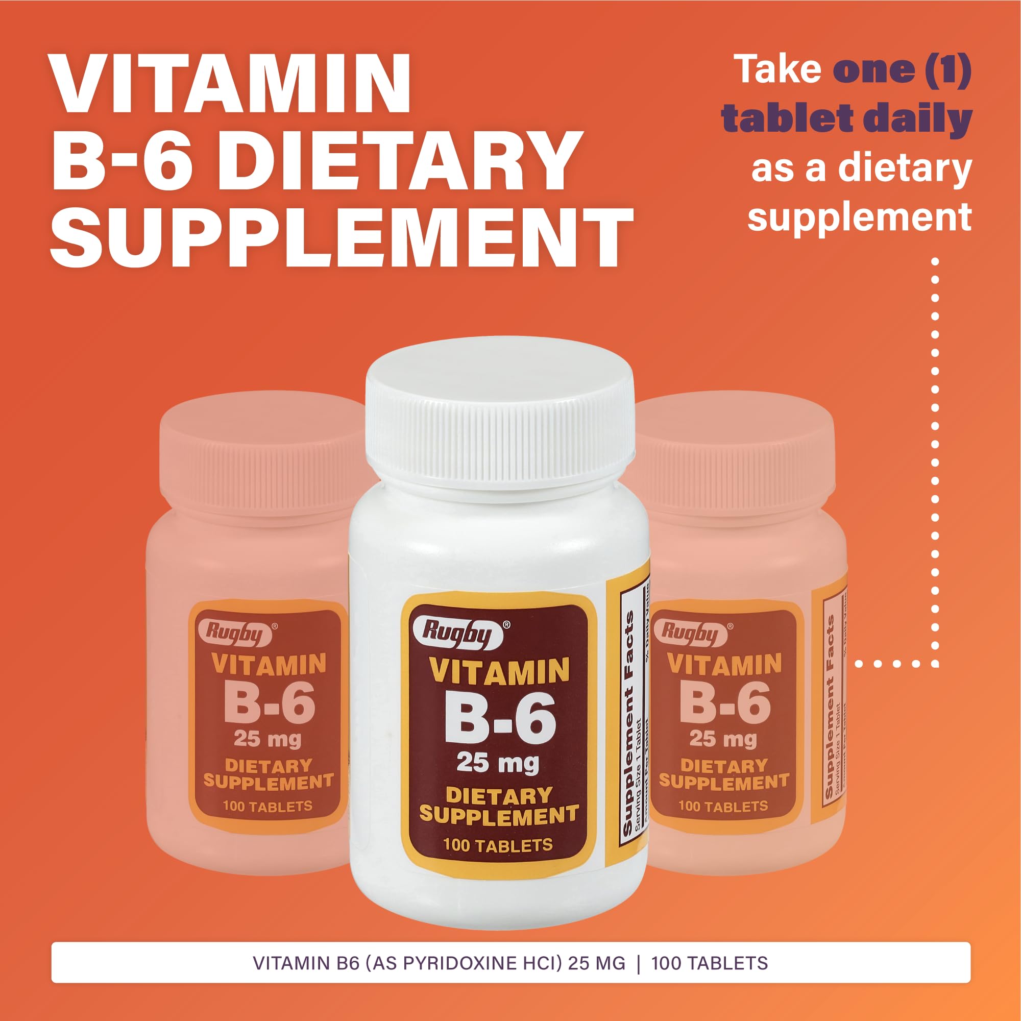 Back label of Rugby Vitamin B6 bottle showing supplement facts